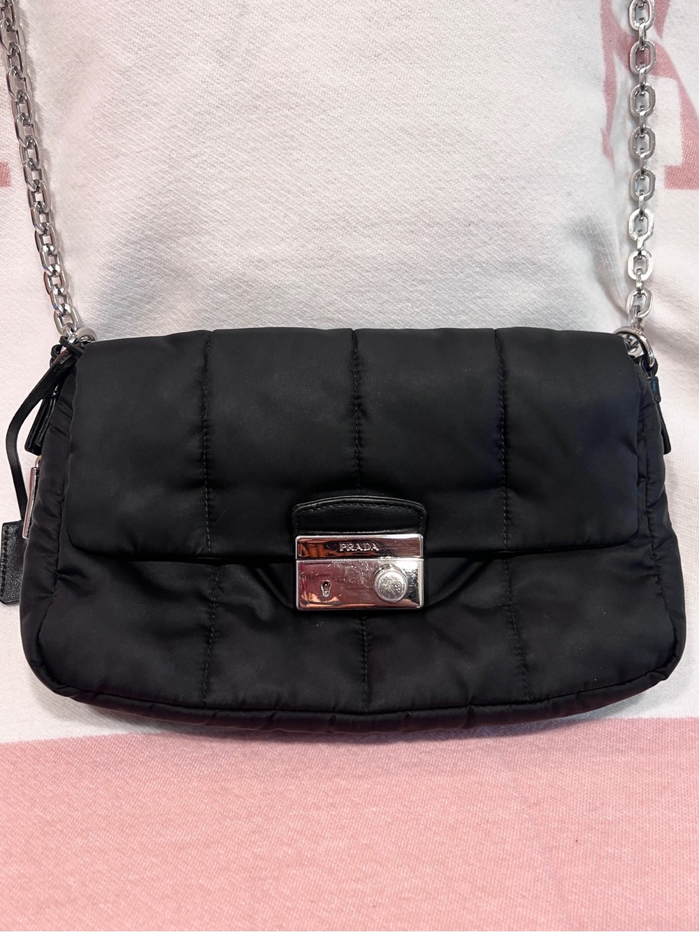 PRADA!⭐️Black Quilted Tessuto/leather Bomber Bag! Crossbody Bag with Silver! - Picture 3 of 16